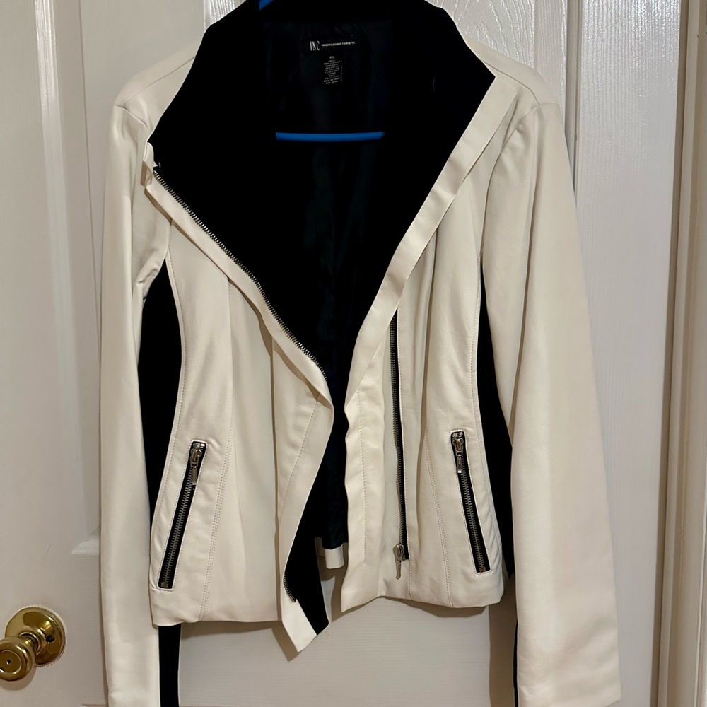 INC International Concepts Black and Cream Leather Jacket